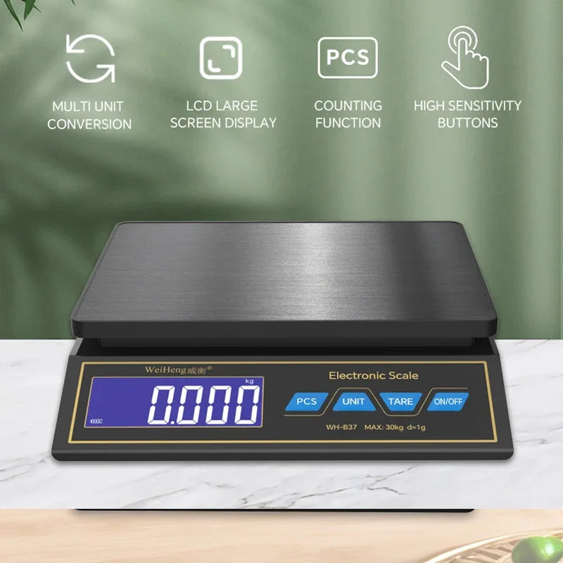 LCD Digital Kitchen Scale 30kg/1g Rechargeable Stainless Steel Panel Electronic Scales Home Jewelry Food Weighing Baking Tools