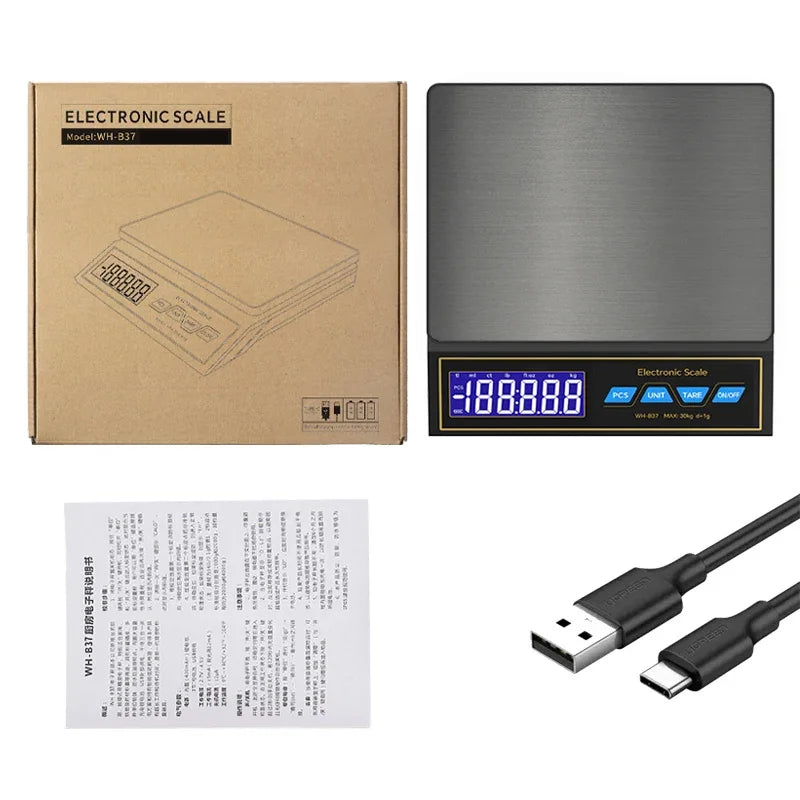 LCD Digital Kitchen Scale 30kg/1g Rechargeable Stainless Steel Panel Electronic Scales Home Jewelry Food Weighing Baking Tools