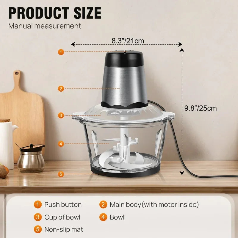 2L Electric Meat Grinder Food Chopper stainless-steel blades  Small Food Processor Removable Dicer 2 Speeds Meat Mincer