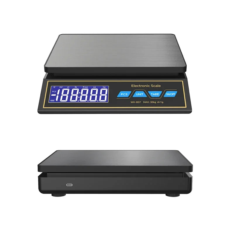 LCD Digital Kitchen Scale 30kg/1g Rechargeable Stainless Steel Panel Electronic Scales Home Jewelry Food Weighing Baking Tools