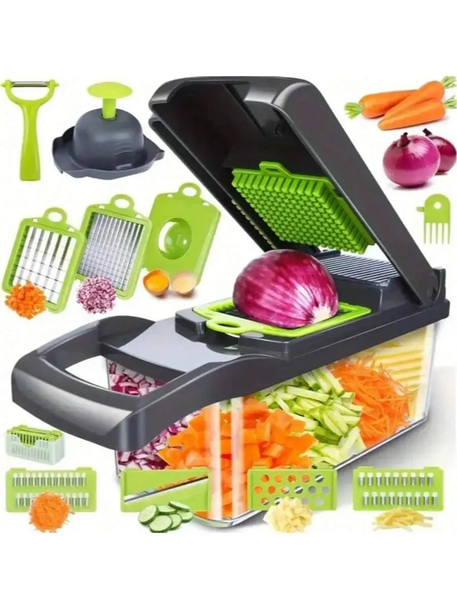 [Vegetable Slicer] 16-In-1 Vegetable Chopper, Professional Onion Chopper, Multi-Functional Food Chopper, Kitchen Vegetable Slicer And Dicer, Vegetable Chopper With 8 Blades, Carrot Chopper With Container Father Gift