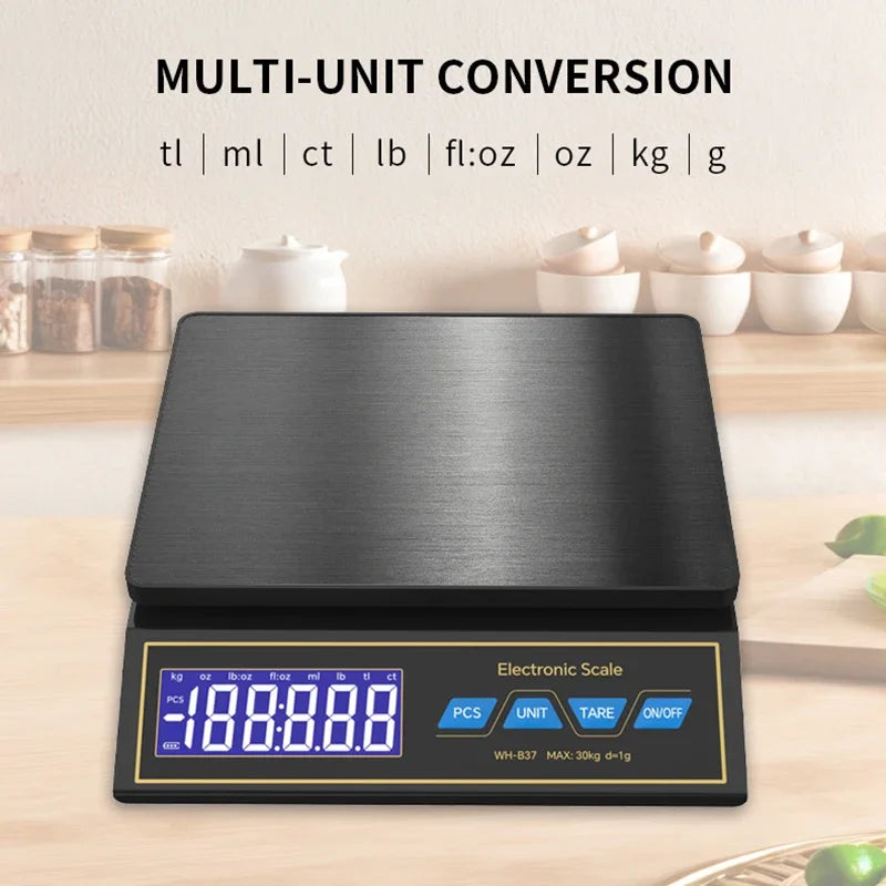 LCD Digital Kitchen Scale 30kg/1g Rechargeable Stainless Steel Panel Electronic Scales Home Jewelry Food Weighing Baking Tools