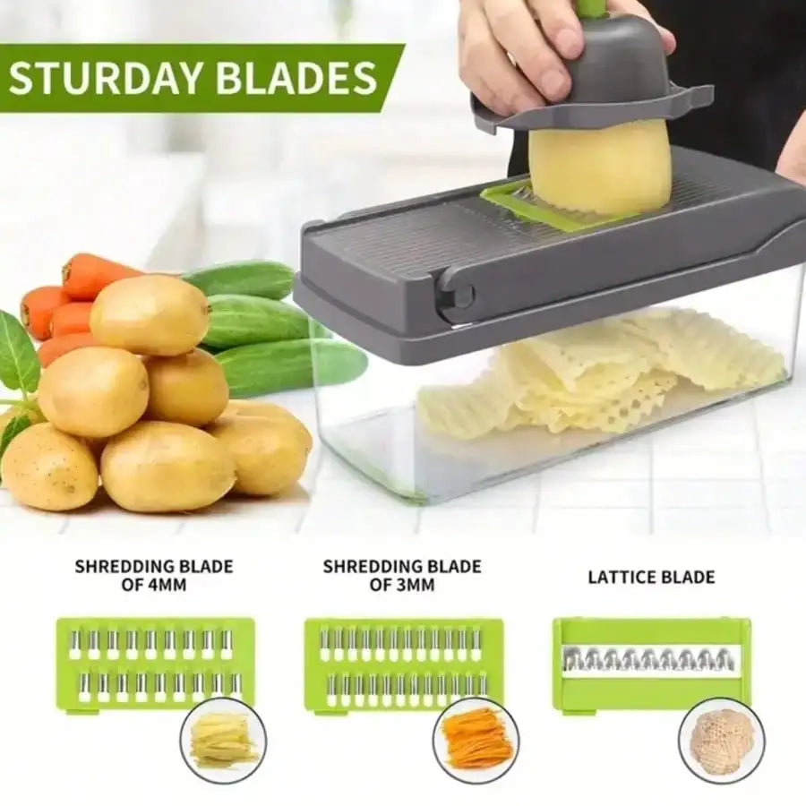 [Vegetable Slicer] 16-In-1 Vegetable Chopper, Professional Onion Chopper, Multi-Functional Food Chopper, Kitchen Vegetable Slicer And Dicer, Vegetable Chopper With 8 Blades, Carrot Chopper With Container Father Gift