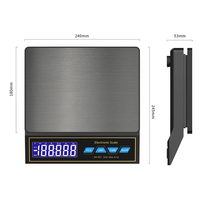LCD Digital Kitchen Scale 30kg/1g Rechargeable Stainless Steel Panel Electronic Scales Home Jewelry Food Weighing Baking Tools